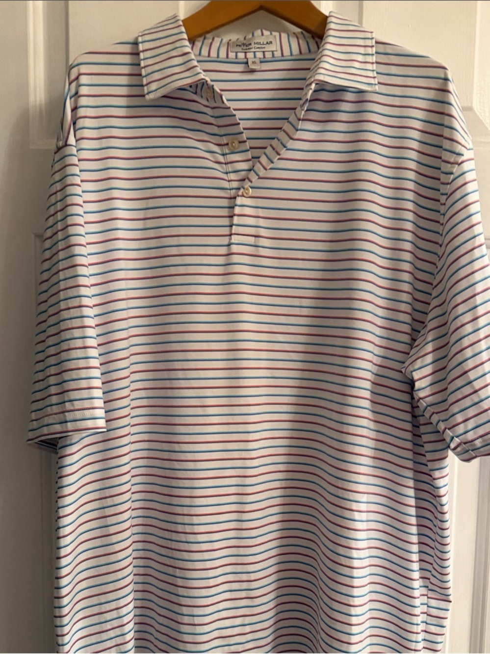 Peter Millar White Polo with Red and Navy Stripe Pattern